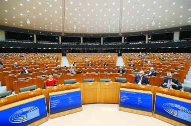 A general view of the hemicycle showing a few Meps during a monthly plenary session of the European Parliament, shortened due to coronavirus outbreak, in Brussels, Belgium March 10, 2020.  REUTERS/Yves Herman